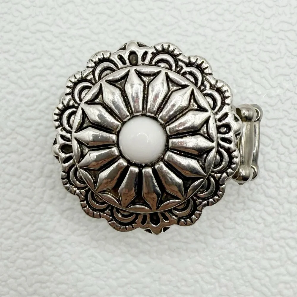 Silver Floral White Bead Stretch Ring | Nickel Free Statement Ring